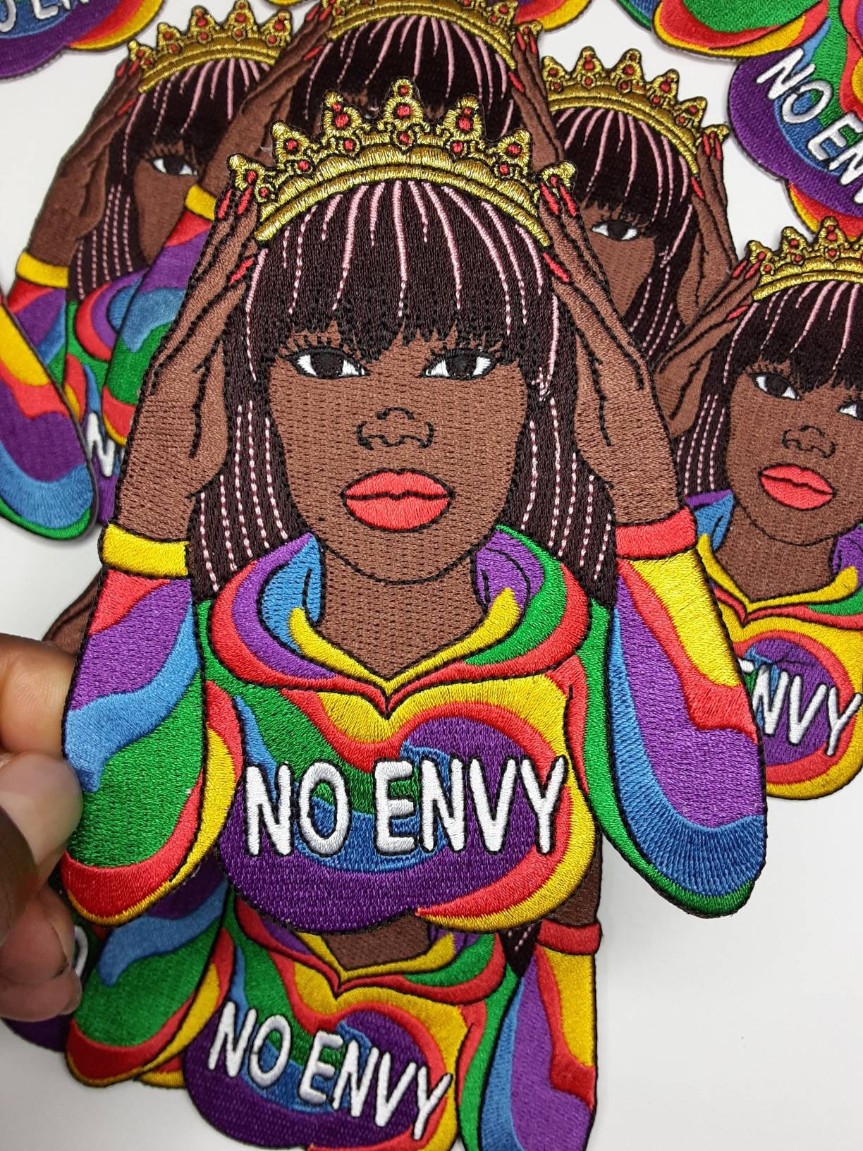 Crowned Diva "No Envy" with Tie-dyed Hoodie, Iron or Sew-on Embroidered 3D Afrocentric Patch, Exclusive Appliques, Size 4.5"