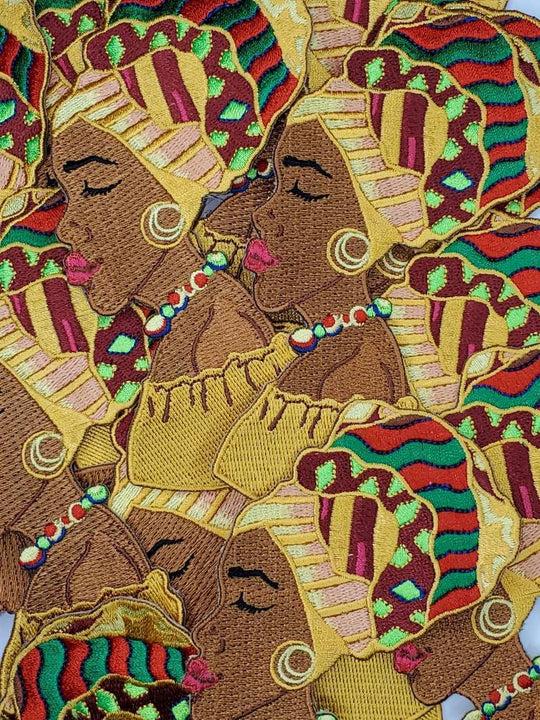 Beautiful, Gold Afrocentric "Mother of the Earth" 5" Iron-on Embroidered 3D Patch; Headwrap Queen, Kente Cloth Head Wrap, Afropunk Applique