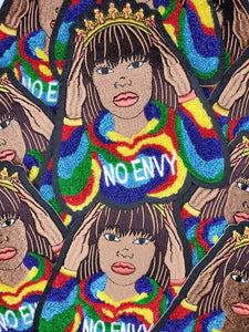 Chenille, Crowned Diva "No Envy" w/Tie-dyed Hoodie, Peel N Stick or Sew-on Embroidery and Chenille Patch, Exclusive Applique, Size 6"