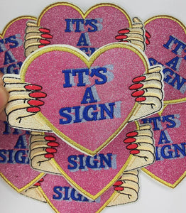 Cute "It's a Sign" Heart Sign Patch, Sparkly Applique Size 4"x4" inch, Iron on Embroidered Applique; Popular Patches, Patch for Jacket