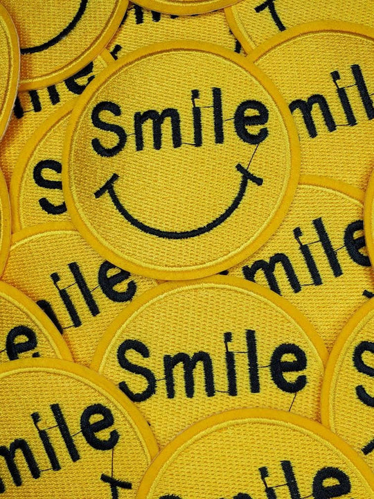Bright Yellow "SMILE" Circular Badge, Iron-on  Embroidered Patch, Cool Patch for Clothing, 3-inch x 3-inch badge, Single Stitch Design