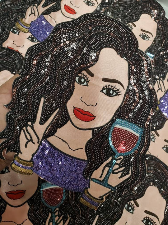 New SEQUINS & Satin "But First Wine" 10" Patch, Iron-on or Sew-on, Exclusive Applique, Large Patch, Sparkling Patch, Embroidered DIY Patch