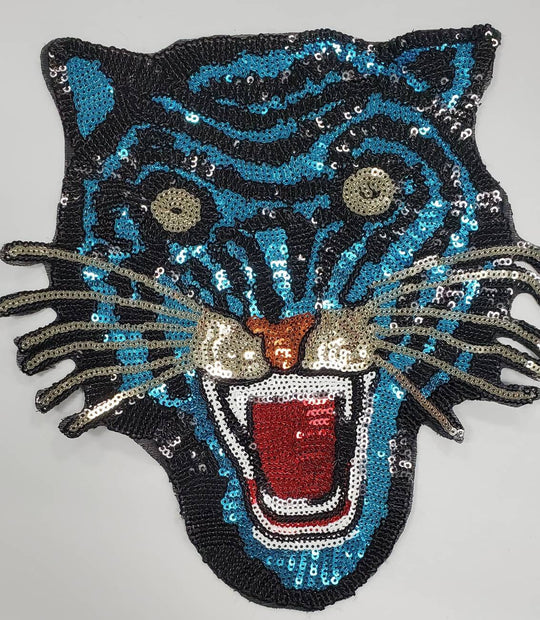 New Arrival, Royal "Blue" Sequins Tiger Head Sew-on Patch, Large Patch; Cool Bling Patch, DIY Applique; Vintage Patch, Size 10.5"