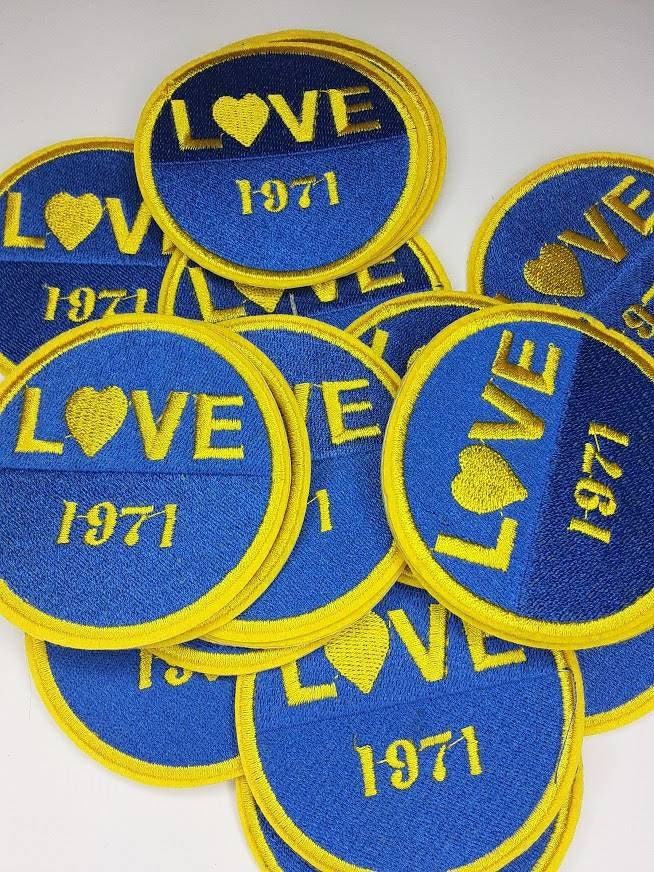 Vintage, Blue Circular "Love 1971" Badge,  Iron on  Embroidered Patch, Statement Applique, Cool patch for clothing, 3-inch x 3-inch badge
