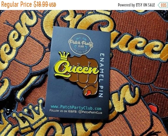 Patch & Pin Set 2-pc, Pin Feminist, "Queen Fist with  Crown" Exclusive Lapel Pin, Black Queen Fist Enamel Pin, Size 1.50" Pin and 4" Patch