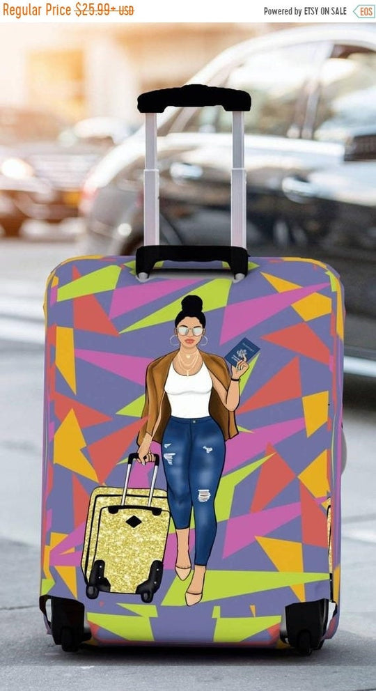 Girls Trip, Polyester/Spandex Luggage Cover, "Melanin on the Move," Luggage Cover for Travelers; Gifts for Wanderlust, Cute Suitcase Covers