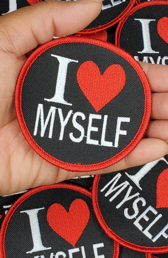 NEW w/Red Border, Affirmation Badge,"I Love Myself" Circular Emblem, Iron on Patch, Positive Vibes Applique, Patch for Clothing, Size 3"