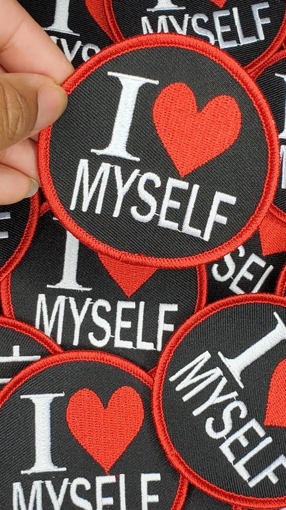 NEW w/Red Border, Affirmation Badge,"I Love Myself" Circular Emblem, Iron on Patch, Positive Vibes Applique, Patch for Clothing, Size 3"