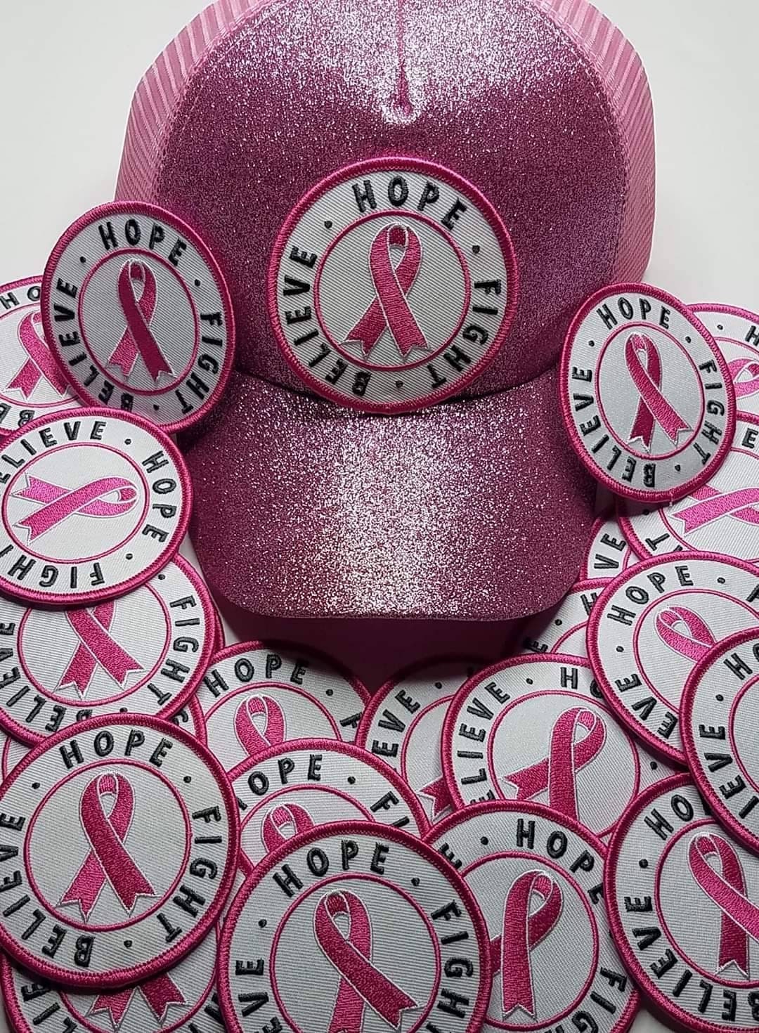 Breast Cancer Ribbon Patch 3" Embroidered "Hope, Believe, Fight" (1 pc)  Iron or Sew-on, Cancer  Patch/Applique, Pink Grey, and White