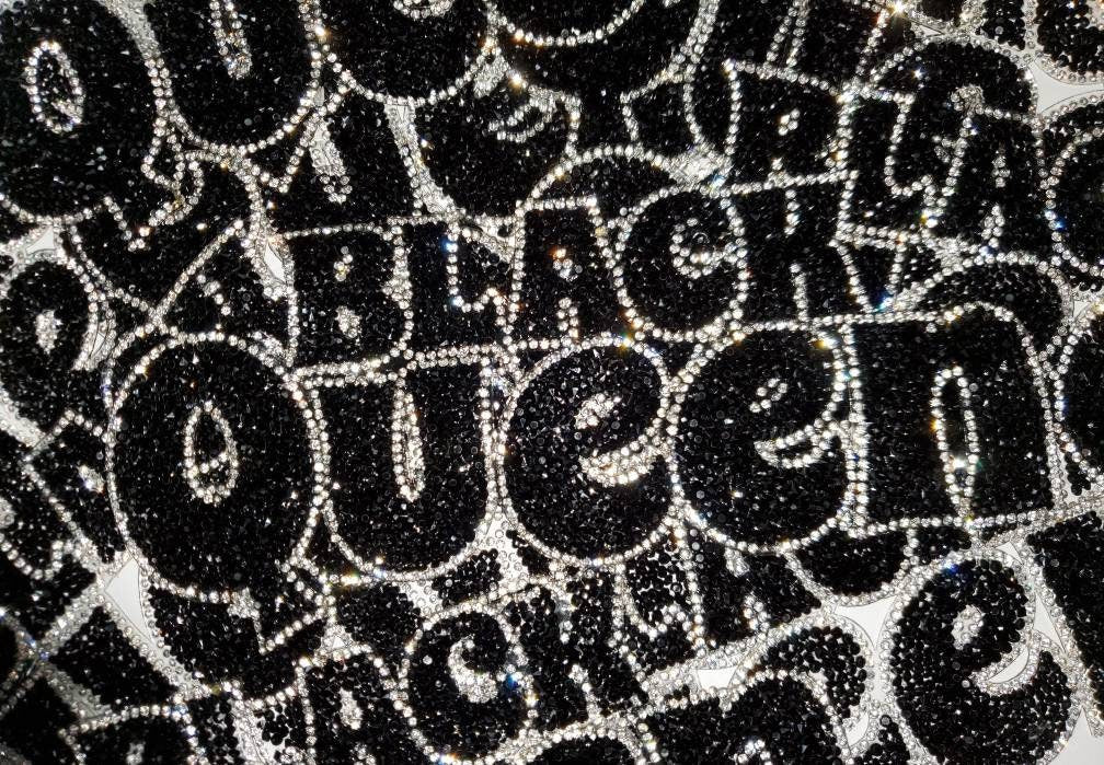 NEW, Blinged Out "Black Queen" Rhinestone Patch with Adhesive, Rhinestone Applique, Size 9"x4", Czech Rhinestone Patch