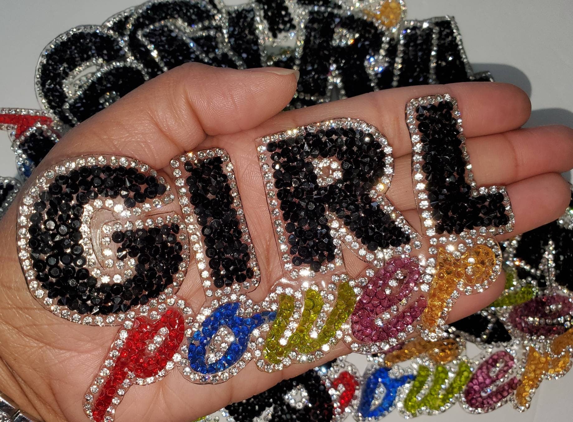 NEW Arrival,"Girl Power" Feminist Colorful Blinged Out Rhinestone Patch with Adhesive, Rhinestone Applique, Size 5"x2.5", Czech Rhinestones