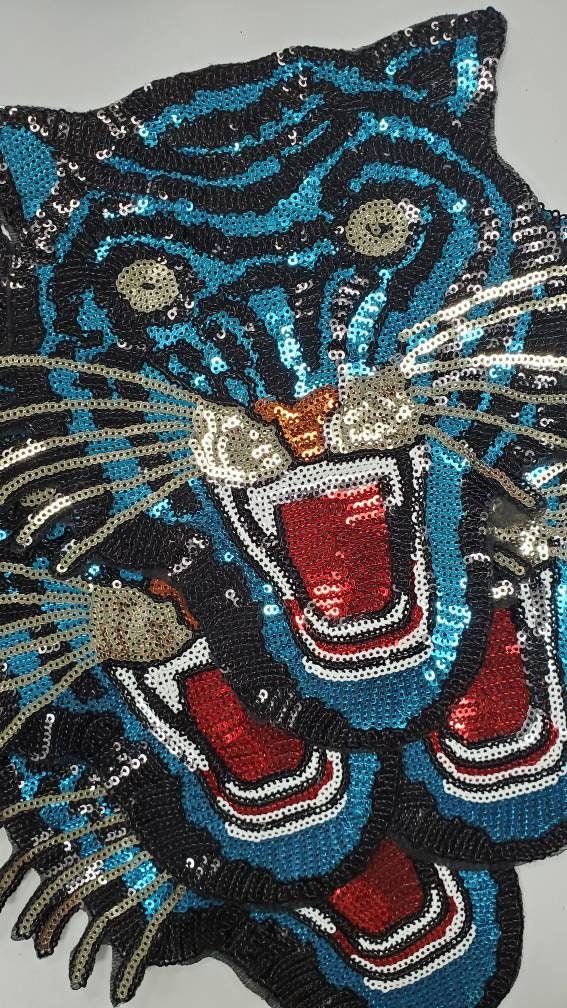 New Arrival, Royal "Blue" Sequins Tiger Head Sew-on Patch, Large Patch; Cool Bling Patch, DIY Applique; Vintage Patch, Size 10.5"