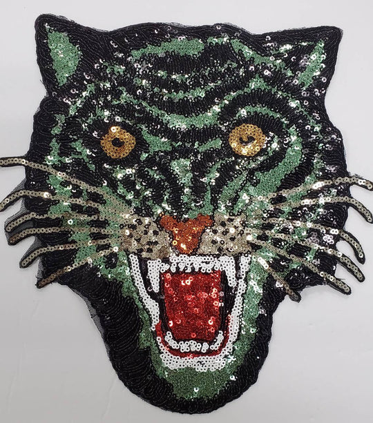 New Arrival, Royal "Green" Sequins Tiger Head Sew-on Patch, Large Patch; Cool Bling Patch, DIY Applique; Vintage Patch, Size 10.5"