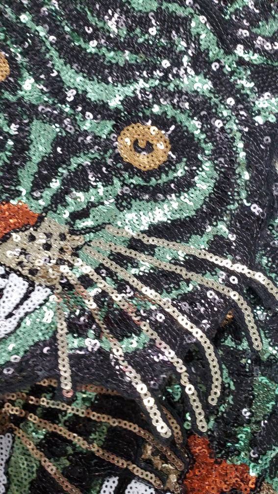 New Arrival, Royal "Green" Sequins Tiger Head Sew-on Patch, Large Patch; Cool Bling Patch, DIY Applique; Vintage Patch, Size 10.5"