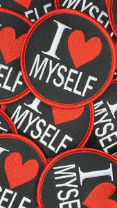 NEW w/Red Border, Affirmation Badge,"I Love Myself" Circular Emblem, Iron on Patch, Positive Vibes Applique, Patch for Clothing, Size 3"