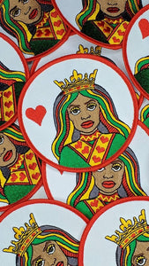 New Arrival, Iron-On,"Queen of Hearts" Circular Embroidered Playing Card Patch, Fun Patch For Clothing, Hats & More, Size 4", Black Queen
