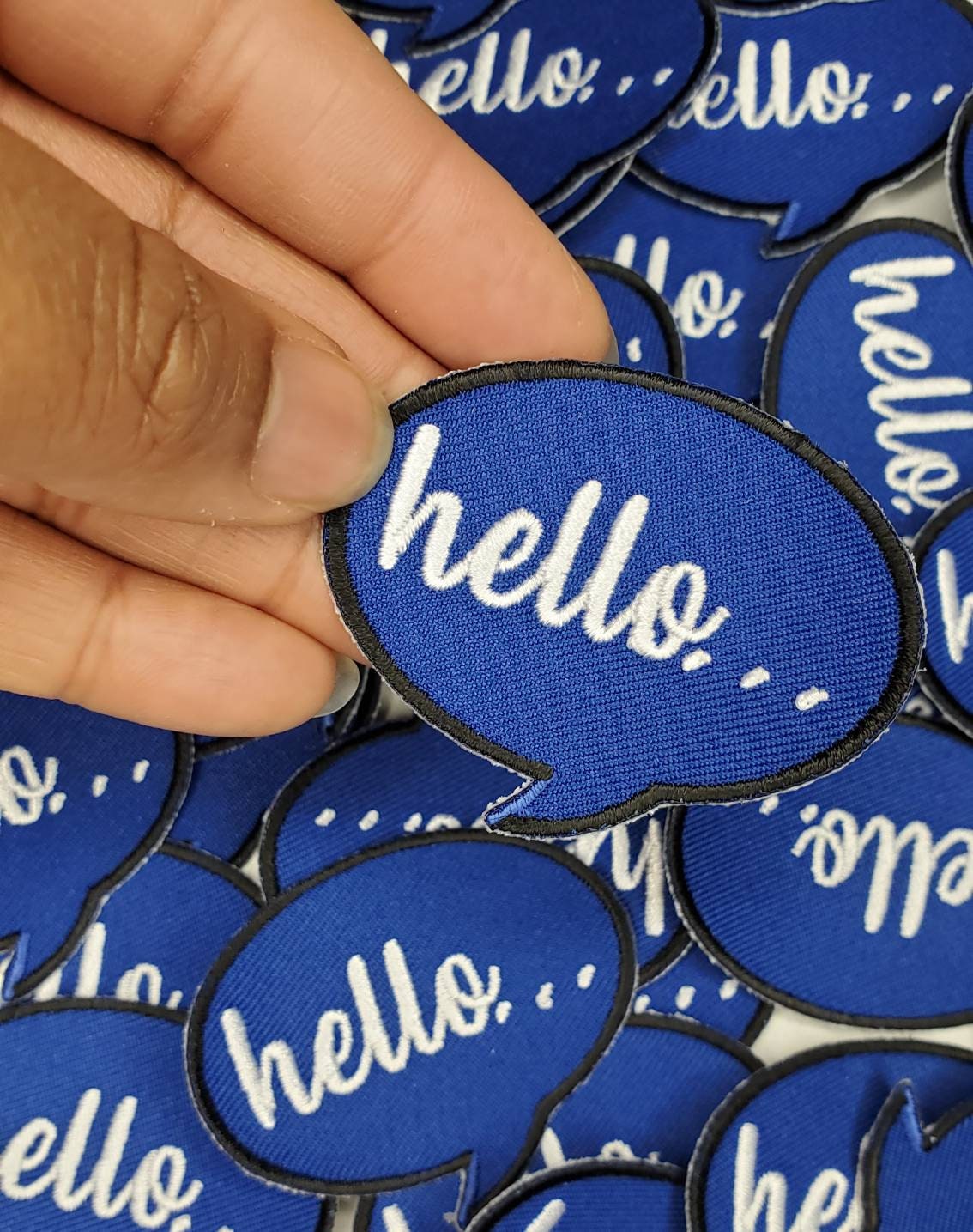 New Arrival, 2-pc set, "Hello" Talk Bubble, 2x1 inch,  Cool Appliques For Clothing, Iron-on Embroidered Patch; Denim and Accessories Patch