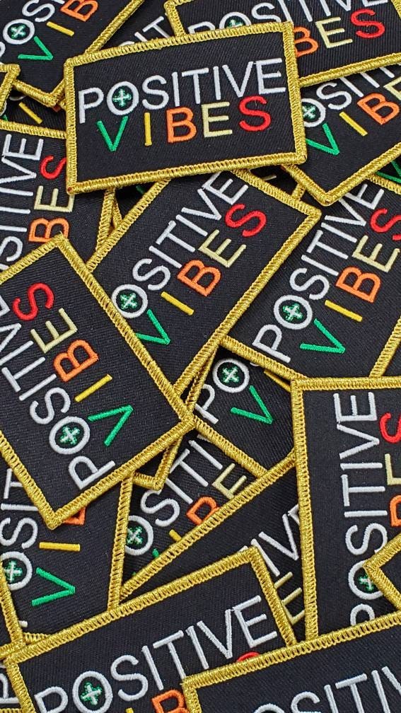 Motivational Emblem "Positive Vibes" Colorful Patch with Metallic Gold Thread, Iron-on Embroidered Patch; Size 3"x2"