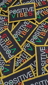 Motivational Emblem "Positive Vibes" Colorful Patch with Metallic Gold Thread, Iron-on Embroidered Patch; Size 3"x2"