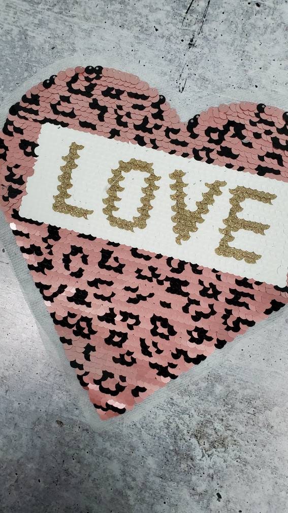 New Arrival, Leopard Print Reversible Sequins "Love" HEART, Embroidered Patch SEW-ON Applique, Size 10"