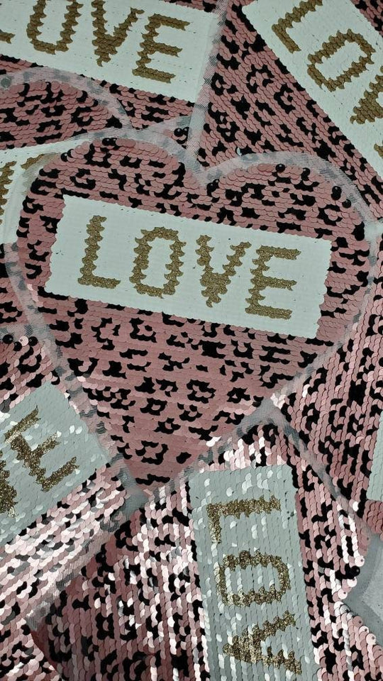 New Arrival, Leopard Print Reversible Sequins "Love" HEART, Embroidered Patch SEW-ON Applique, Size 10"