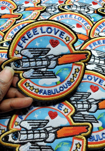 New Arrival, "Free Love" Colorful and Fun, Fabulous, Rocket Ship Patch, Iron-On Embroidered Patches, 3-inch Applique, Small Patch for Jacket