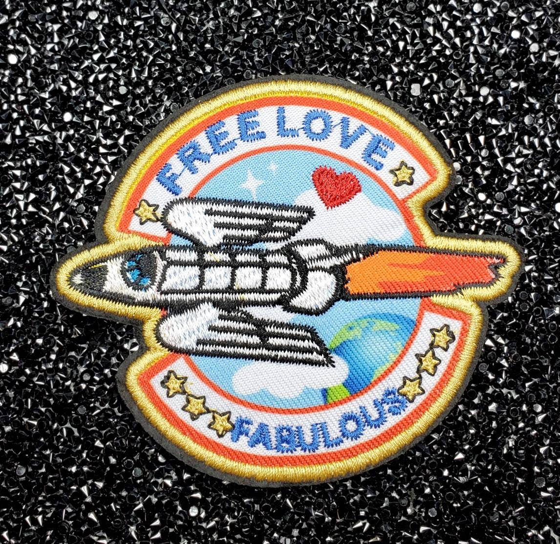 New Arrival, "Free Love" Colorful and Fun, Fabulous, Rocket Ship Patch, Iron-On Embroidered Patches, 3-inch Applique, Small Patch for Jacket