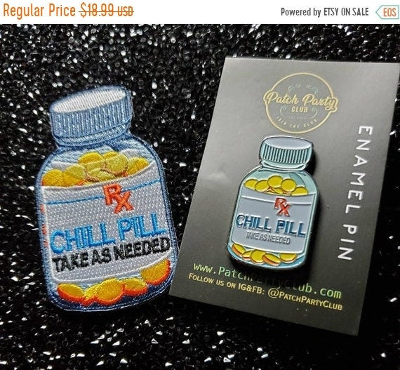Patch & Pin Set, 2-pc Vintage Chill Pill Enamel Pin and Embroidered Patch, DIY for Jackets, Hats, and Clothing, 1.50" Pin and 3" Patch