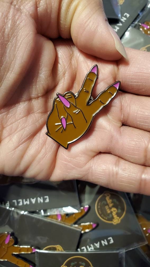 New Arrival, Stiletto Nail "Deuces" Exclusive Lapel Pin, Black Girl Enamel Pin, Size 2", w/Butterfly Clutch, Hot Pink and Brown Skin Tone