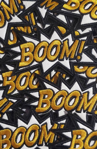 New Arrival, Leather Iron-On "BOOM" Embroidered Patch, Cool, Starburst Statement Patch for Crafts, Small Patch for DIY, Size 4"