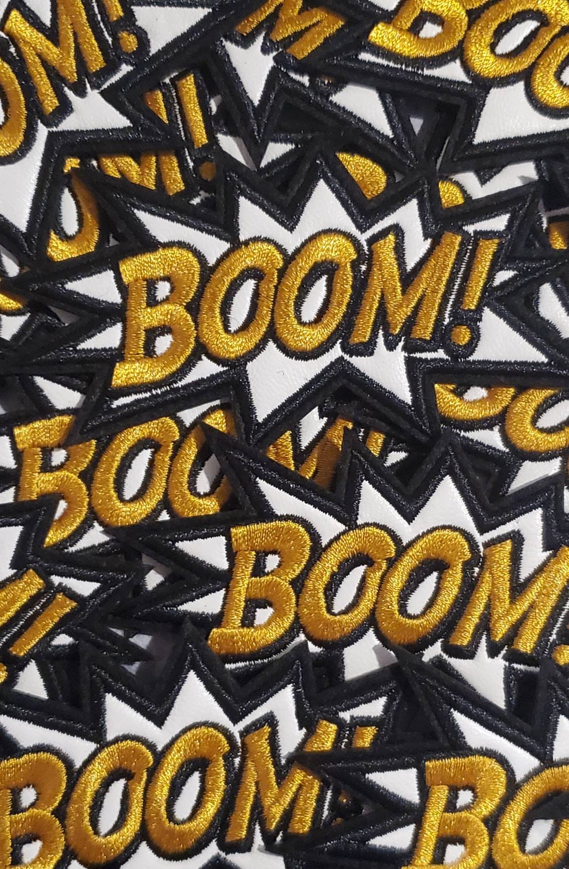 New Arrival, Leather Iron-On "BOOM" Embroidered Patch, Cool, Starburst Statement Patch for Crafts, Small Patch for DIY, Size 4"