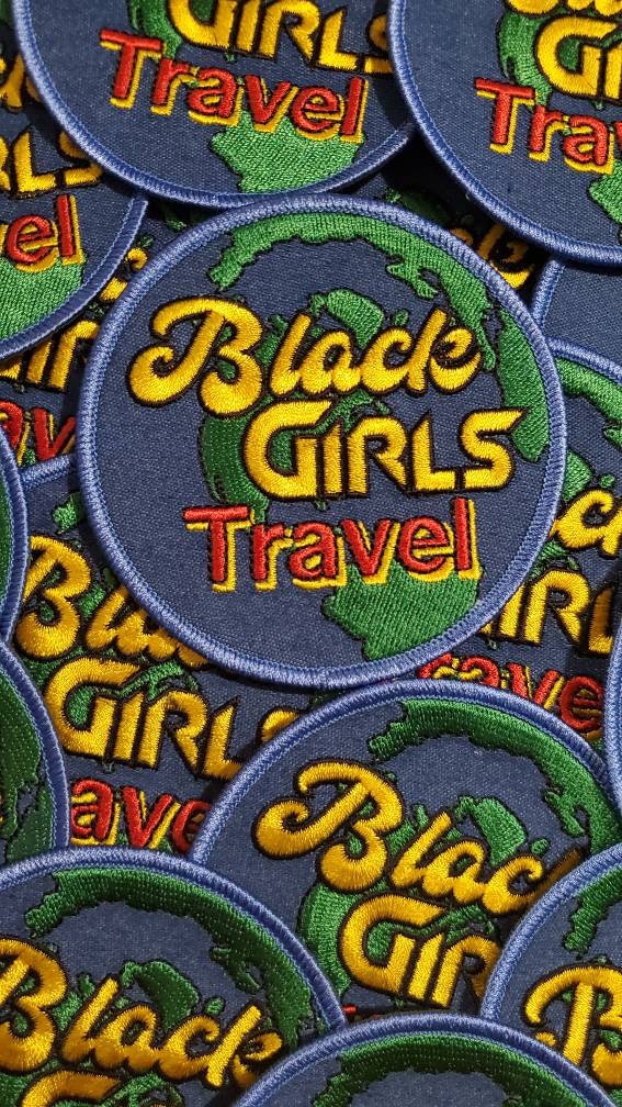 New Arrival, Denim "Black Girls Travel" Iron-on Patch, Size 3.5" Circular, Denim Embroidered Patch for Clothing, Accessories, & Blue Jeans