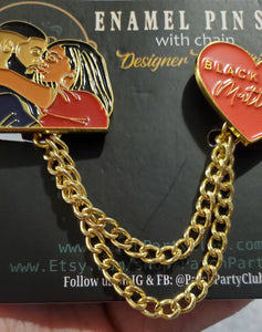 New Arrival, "Black Love Matters" Designer Enamel Pin Set, Gold Chains & Gold Plating, Size 1.75", w/Butterfly Clutch, Chained Lapel Pins