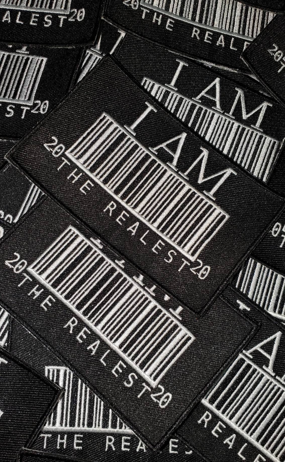 New Arrival, "I Am the Realest 20|20" Patch with Barcode, Iron-On Embroidered Applique; Patch for Clothing, Size 4"x3", Black & White Patch
