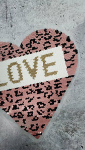 New Arrival, Leopard Print Reversible Sequins "Love" HEART, Embroidered Patch SEW-ON Applique, Size 10"