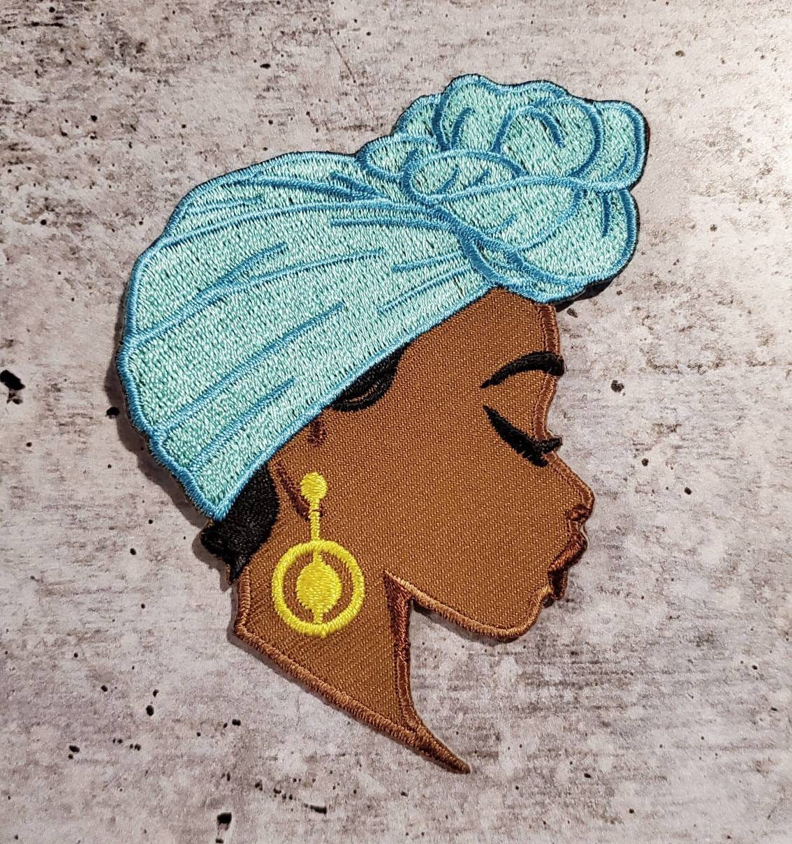 NEW, Meditating Cutie Embroidered Iron-on Patch, with "Aqua Head Wrap" Size 4", DIY Appliques and Craft Supplies for Clothing and Accessorie