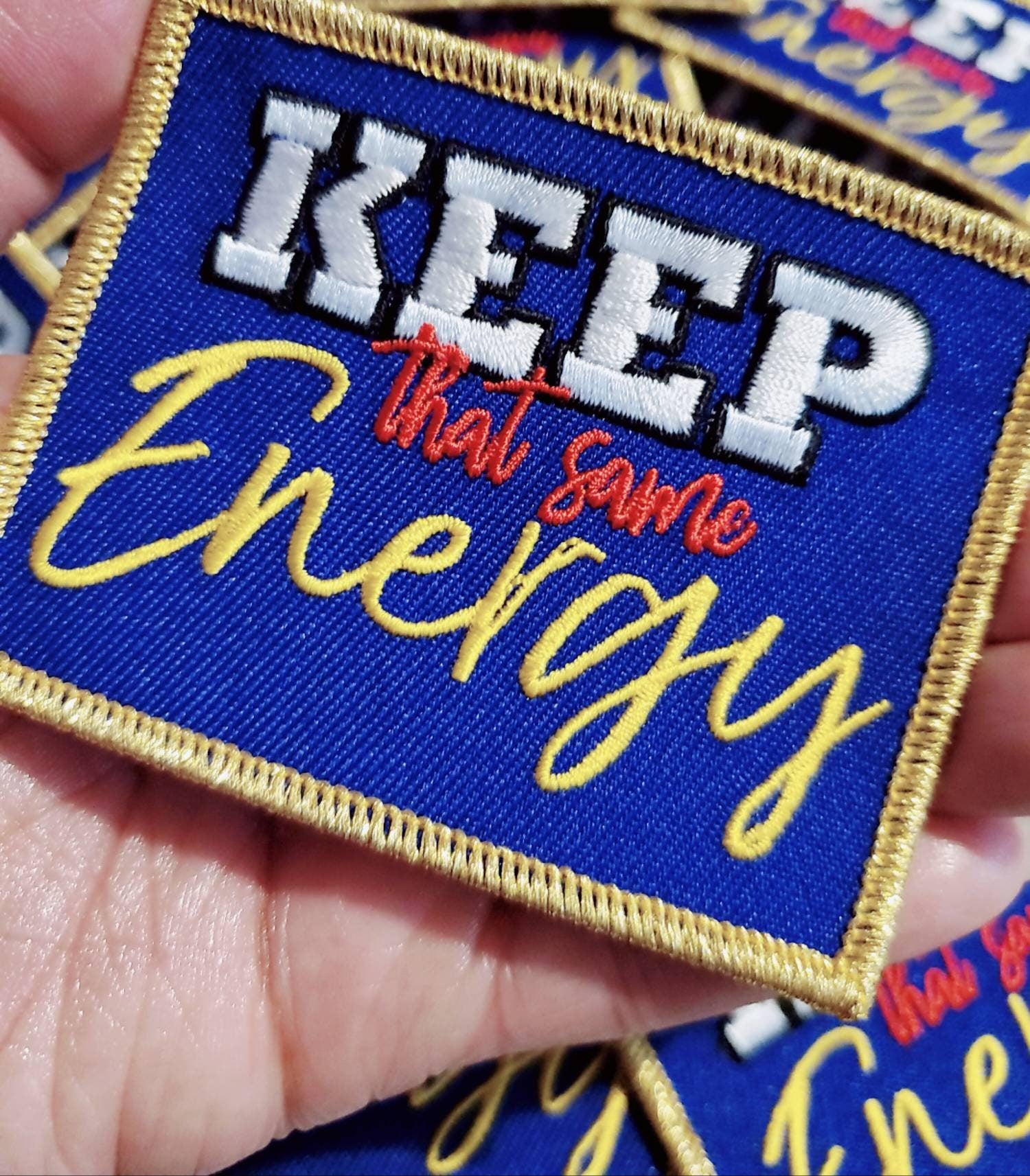 Metallic Gold, Exclusive "Keep That Same Energy," Size 3.5"x3", Iron-on Patch,Applique for Clothing, Girl Boss Patch for Hats, and Jackets