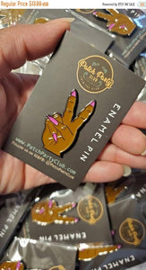 New Arrival, Stiletto Nail "Deuces" Exclusive Lapel Pin, Black Girl Enamel Pin, Size 2", w/Butterfly Clutch, Hot Pink and Brown Skin Tone