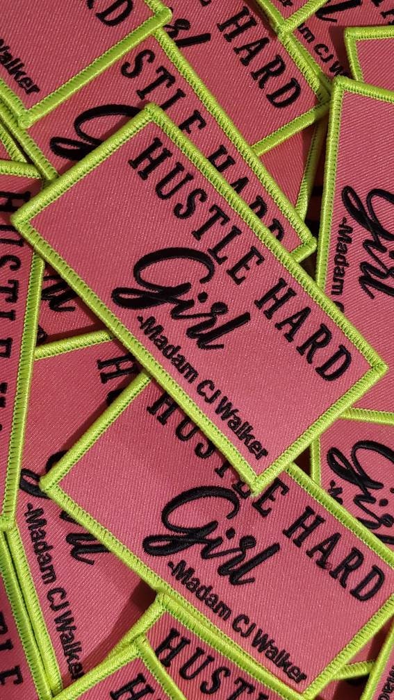 New Arrival, Neon Colors "Hustle Hard Girl" Madam CJ Walker Homage Badge, Cute Iron-on Embroidered Patch, Craft Supplies, Small Patch, 3.75"