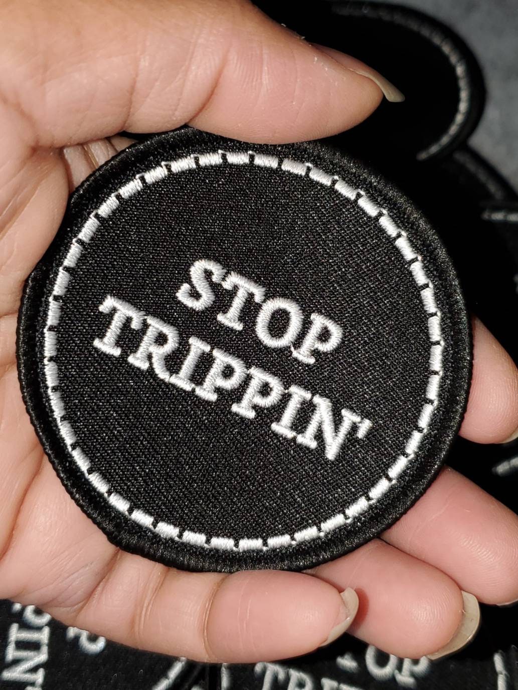 New Arrival,"Stop Trippin" Fun, Black & White, Iron-on Badge, Size 2.75", Cool Statement Patch for Apparel and Accessories, Embroidery