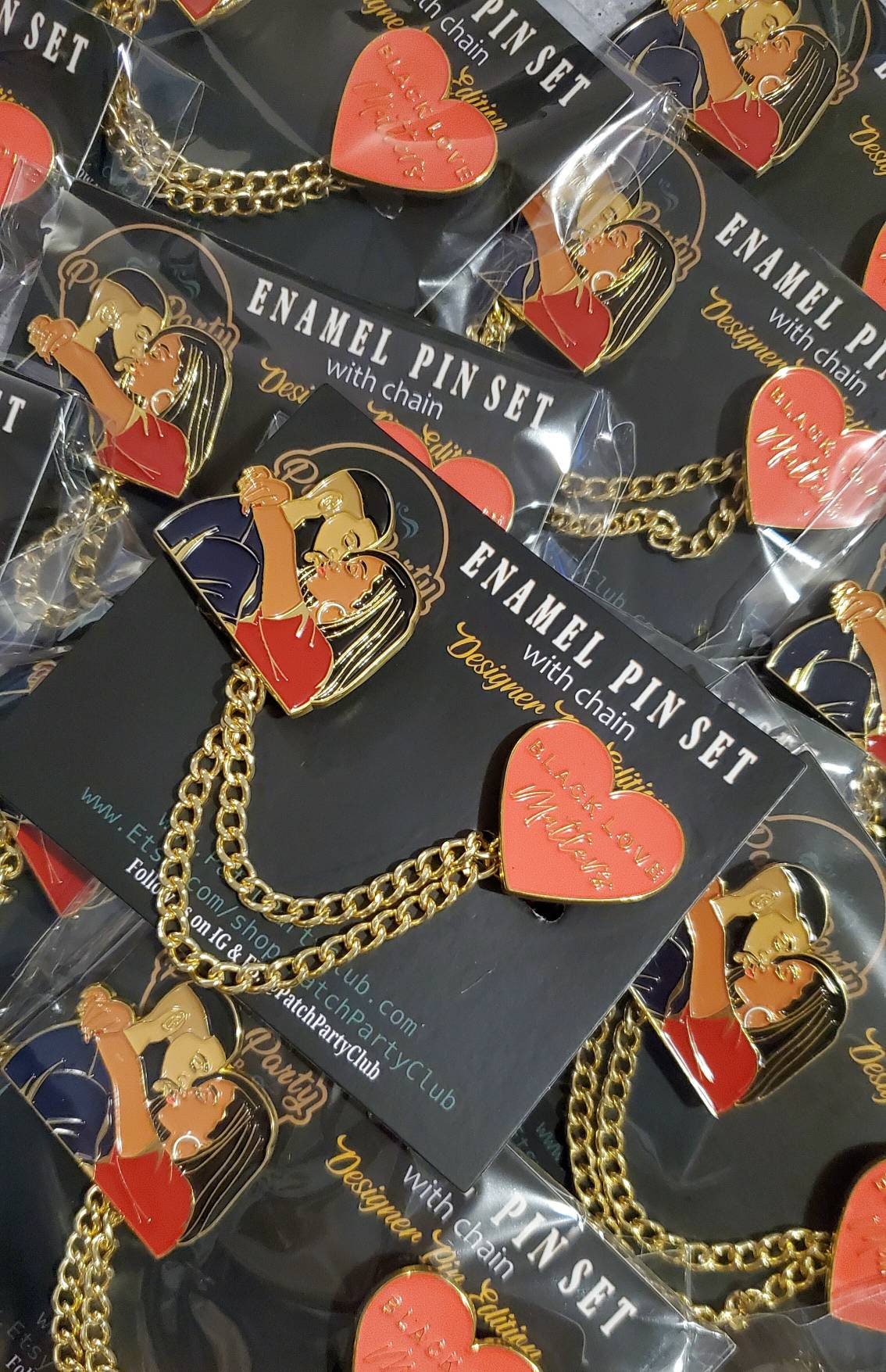 New Arrival, "Black Love Matters" Designer Enamel Pin Set, Gold Chains & Gold Plating, Size 1.75", w/Butterfly Clutch, Chained Lapel Pins