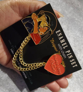 New Arrival, "Black Love Matters" Designer Enamel Pin Set, Gold Chains & Gold Plating, Size 1.75", w/Butterfly Clutch, Chained Lapel Pins