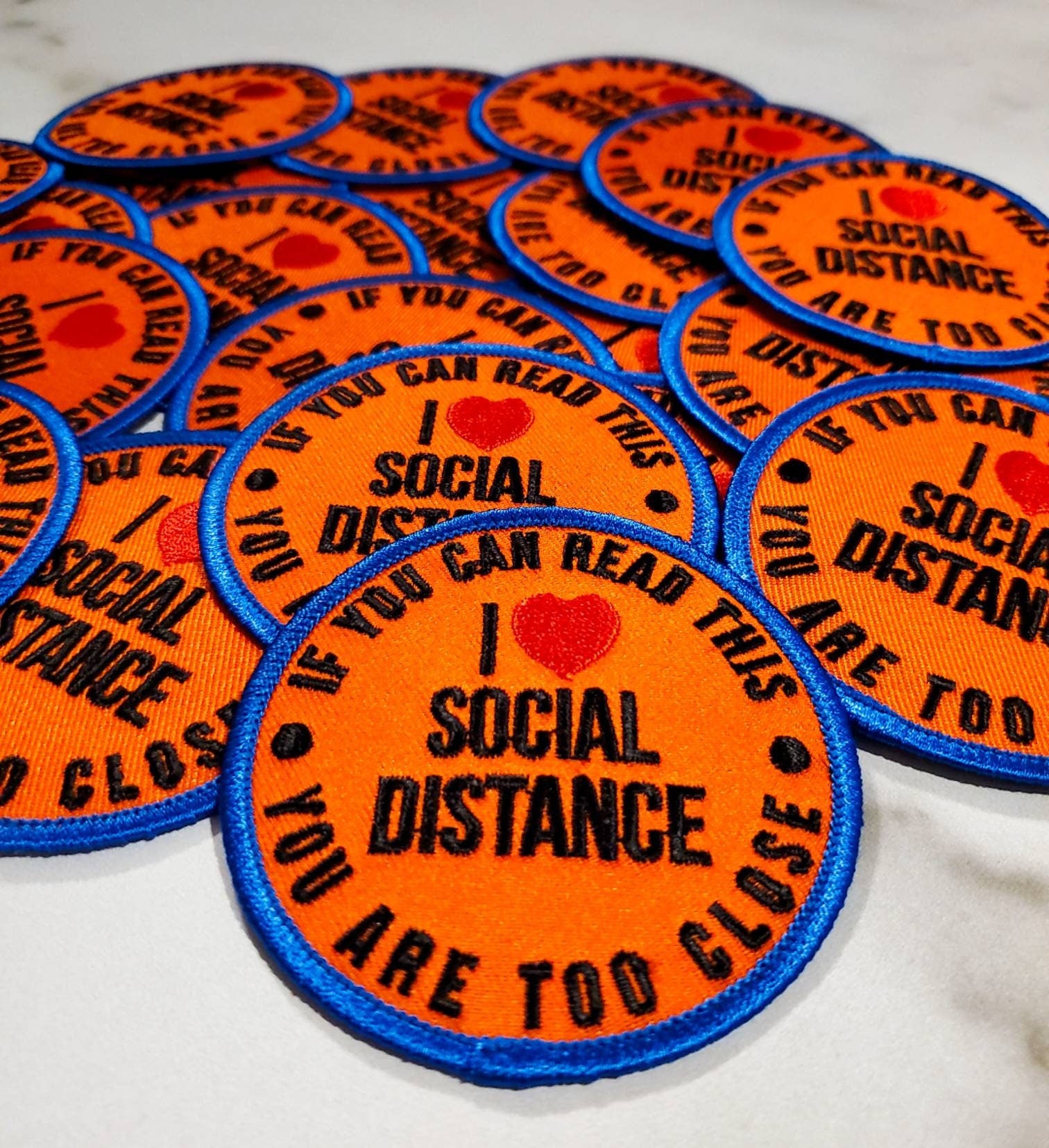 NEW Arrival, "I Love Social Distance" Patches for Masks, Colorful Iron-on Embroidered Applique, Size 2.85", Social Distancing, DIY Crafts