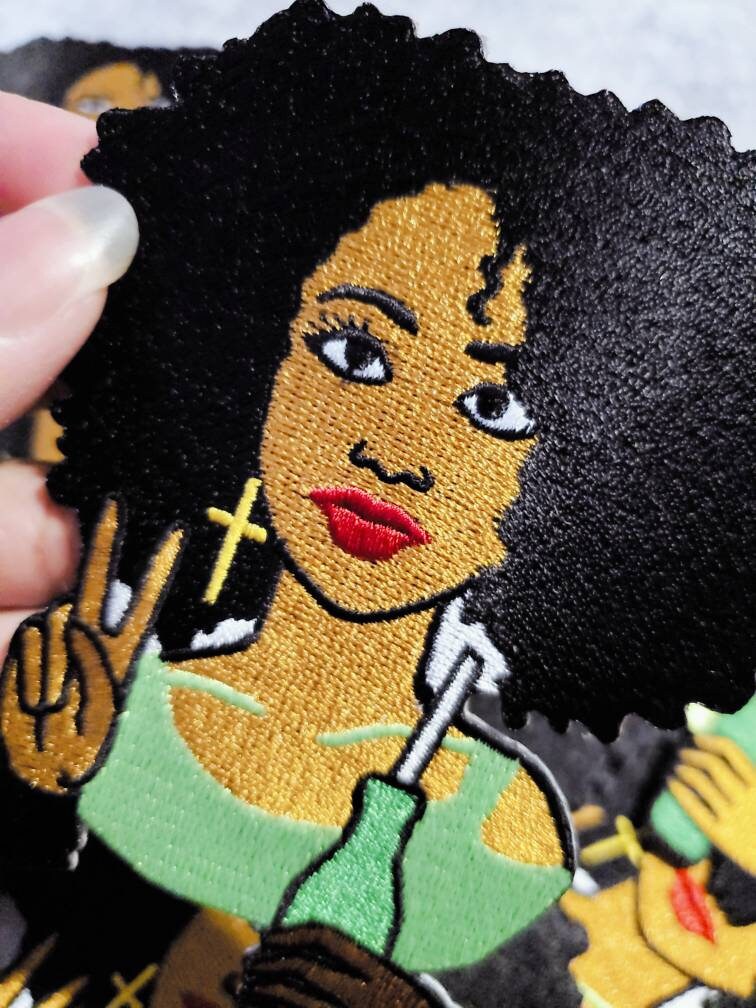 NEW Neon Color, Cute Black Girl Chucking up the "Deuces" Iron or Sew-on Embroidered 3D Afrocentric Patch, Exclusive Appliques, Size 4"