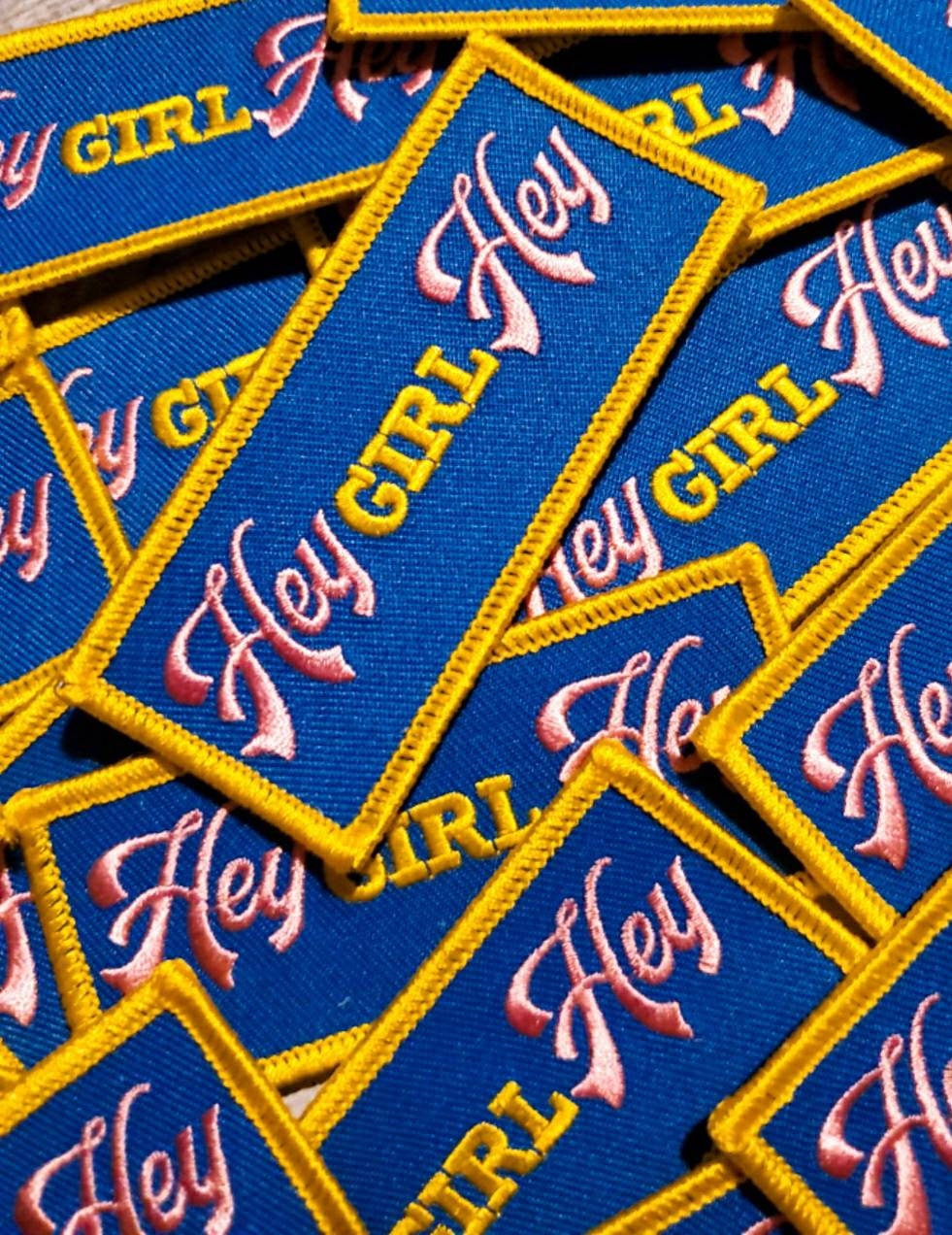 New "Hey Girl Hey," (YELLOW Border) Adorable BFF Badge,Small Patch, Feminist AF, Iron-on Applique, Size 3"x1", Bridal Party