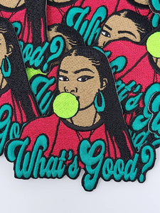 New, Colorful Patch Badge, 4x4-inch, "What's Good" Iron-on Embroidered Patch, Neon Bubble Poppin' Chic with Braids