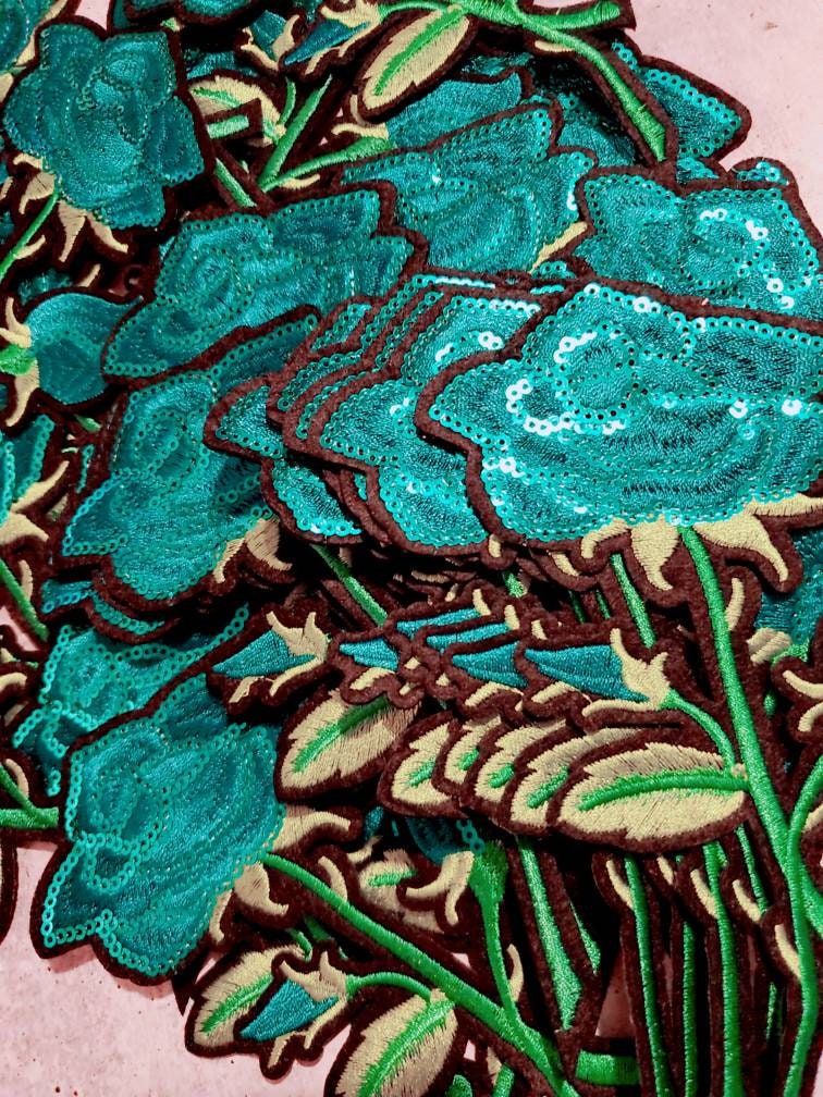 NEW Sequins Flowers, Adorable 2-pc set, Teal Roses (size 6-inches), Matching Embroidered Iron-on Floral Patches, Small Patches for Clothing