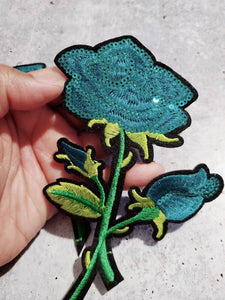 NEW Sequins Flowers, Adorable 2-pc set, Teal Roses (size 6-inches), Matching Embroidered Iron-on Floral Patches, Small Patches for Clothing