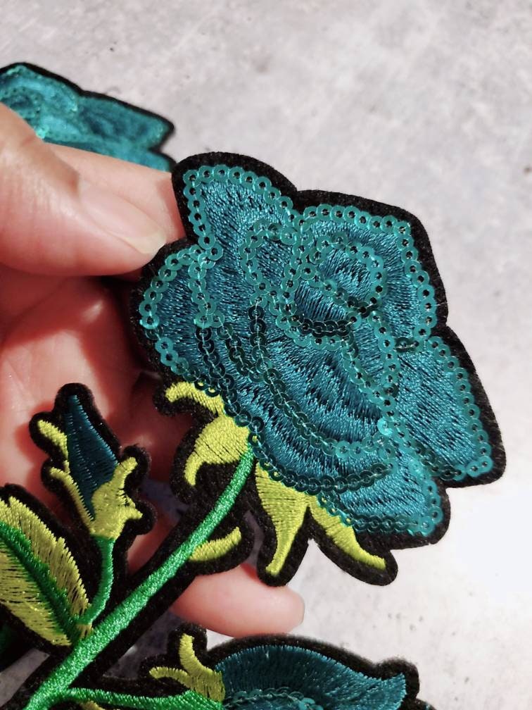 NEW Sequins Flowers, Adorable 2-pc set, Teal Roses (size 6-inches), Matching Embroidered Iron-on Floral Patches, Small Patches for Clothing