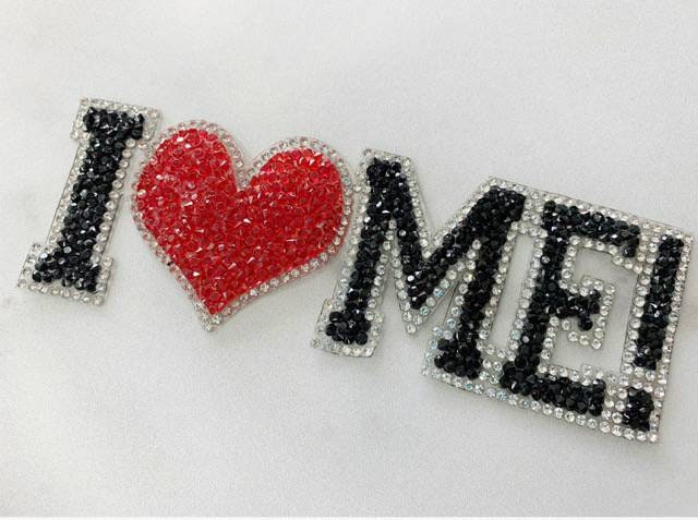 Rhinestone Patch, "I Love Me!" Super Blinged Patch with Adhesive, Size 6" Czech Rhinestones, DIY Applique for Hats, Shirts, Bags, & More